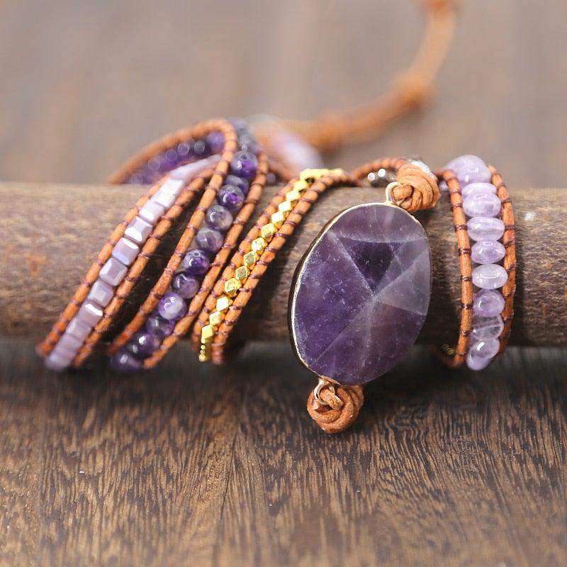 Boho-Inspired Purple Leather Bead Bracelet - Lucid Fantasy 