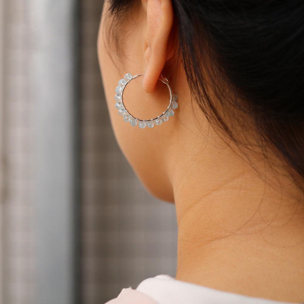 Boho Rough Cut Aquamarine Gemstone Hoop Earrings in Handmade Sterling Silver - Lucid Fantasy 