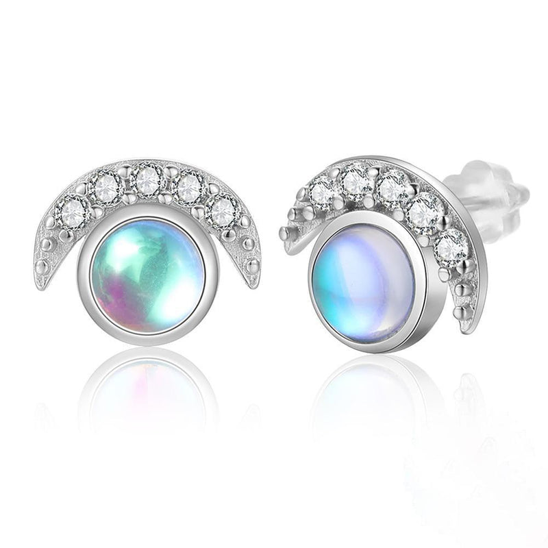 Celestial Harmony Sterling Silver Sun & Moon Earrings with Rainbow Moonstone and CZ Accents - Lucid Fantasy 