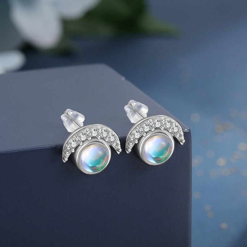 Celestial Harmony Sterling Silver Sun & Moon Earrings with Rainbow Moonstone and CZ Accents - Lucid Fantasy 