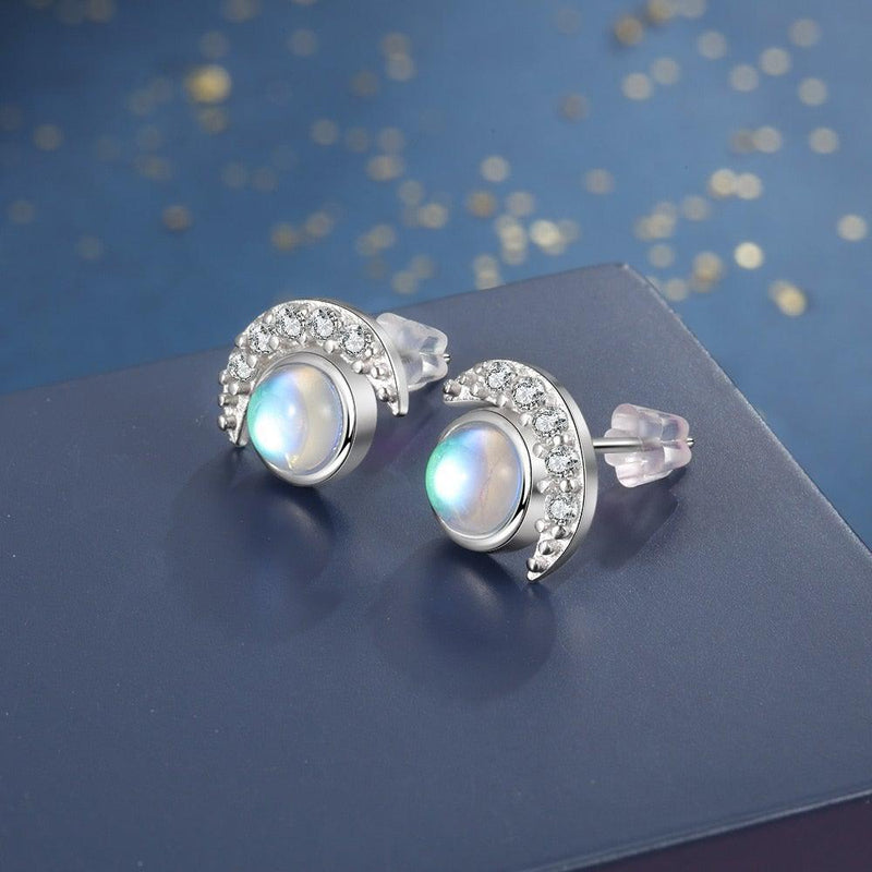 Celestial Harmony Sterling Silver Sun & Moon Earrings with Rainbow Moonstone and CZ Accents - Lucid Fantasy 