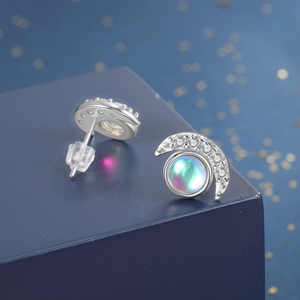 Celestial Harmony Sterling Silver Sun & Moon Earrings with Rainbow Moonstone and CZ Accents - Lucid Fantasy 