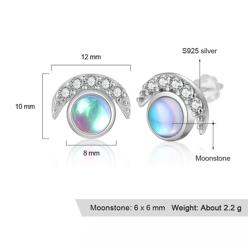 Celestial Harmony Sterling Silver Sun & Moon Earrings with Rainbow Moonstone and CZ Accents - Lucid Fantasy 