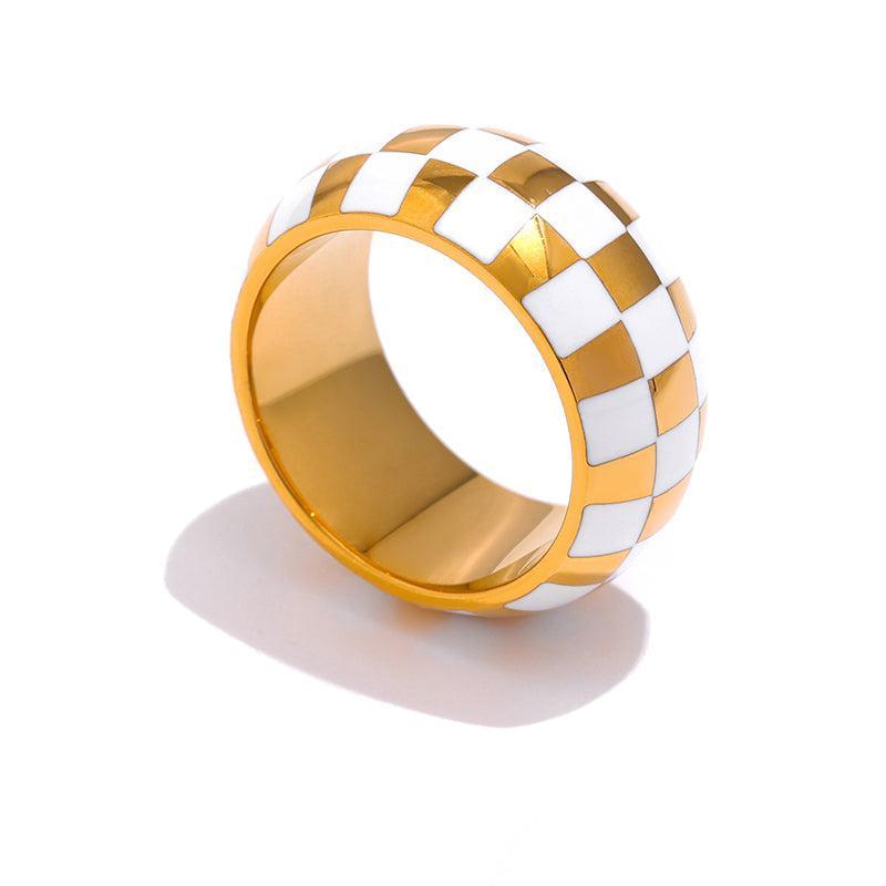 Chic Glossy Enamel Checkered Wide Cuff Ring - Lucid Fantasy 