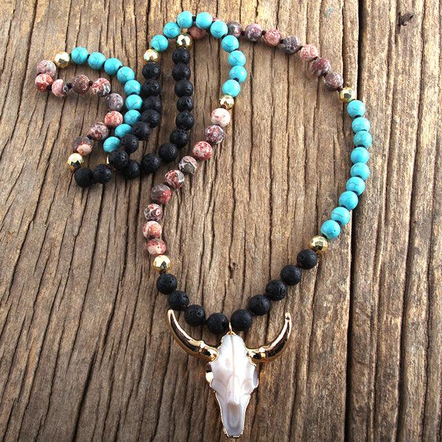 Chic Pink Bohemian Bull Head Pendant Necklace with Natural Stone Beads - 86cm Chain - Lucid Fantasy 