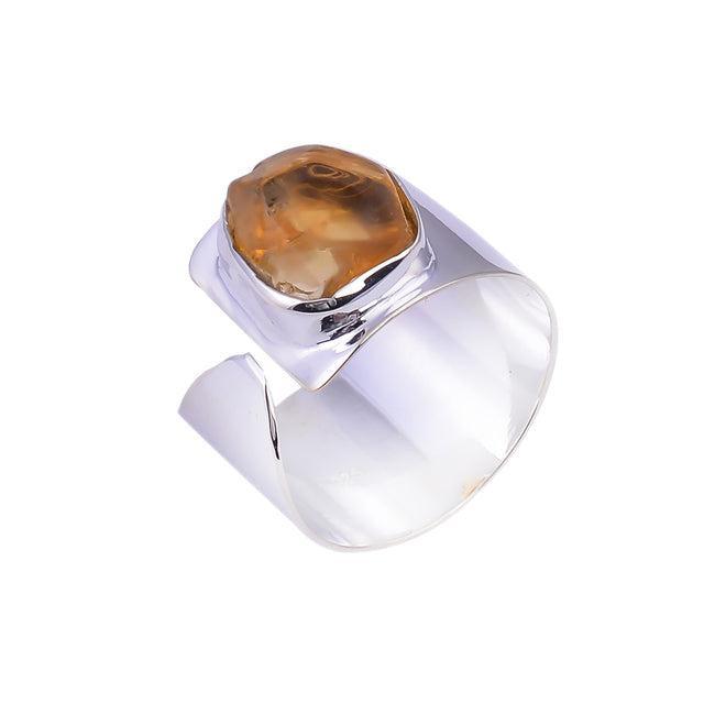 Chunky Handmade Silver Ring with Rough Cut Citrine Gemstone in Boho Style - Lucid Fantasy 