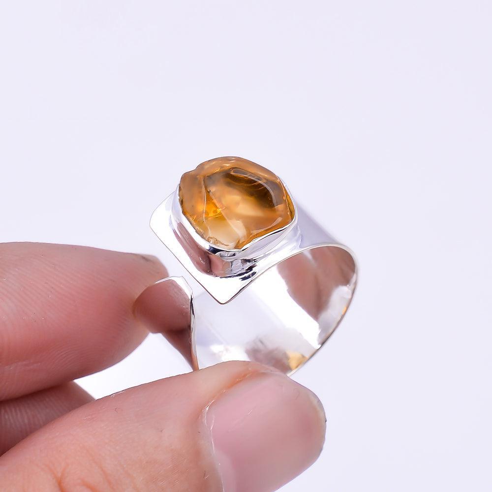 Chunky Handmade Silver Ring with Rough Cut Citrine Gemstone in Boho Style - Lucid Fantasy 