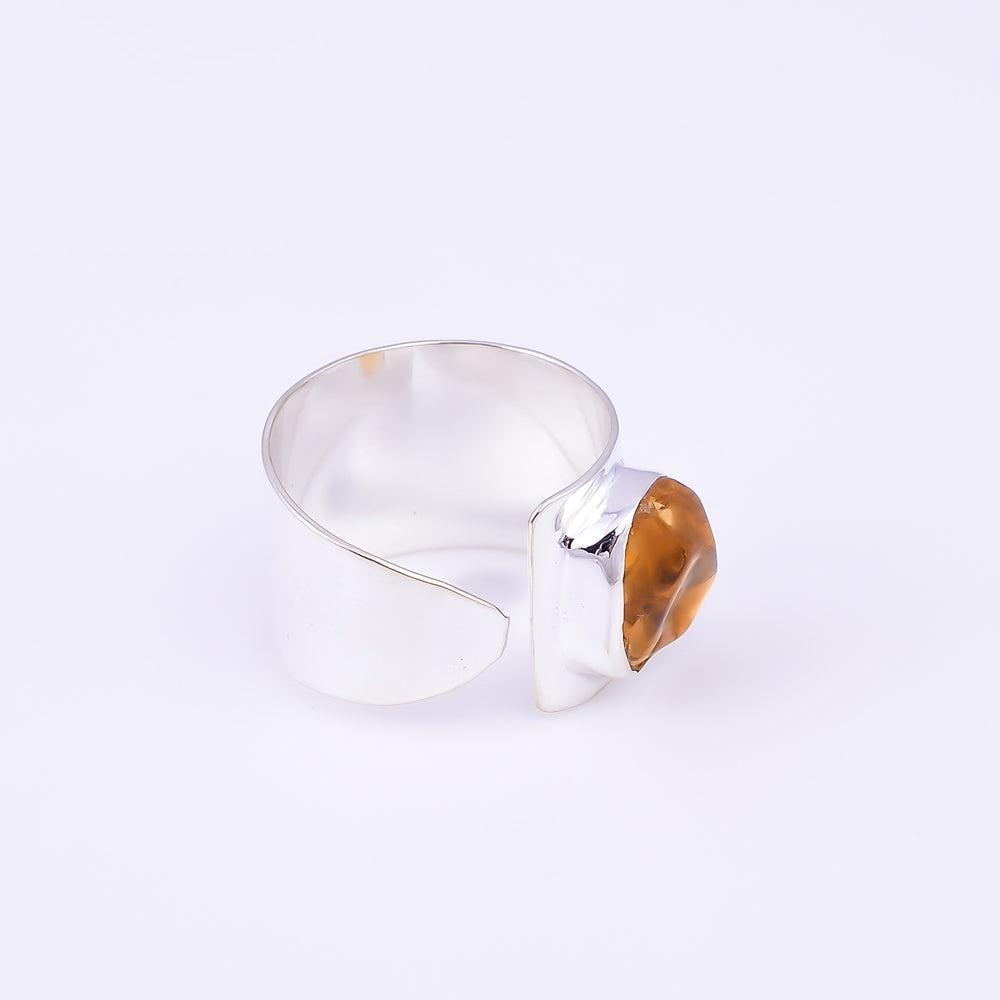 Chunky Handmade Silver Ring with Rough Cut Citrine Gemstone in Boho Style - Lucid Fantasy 