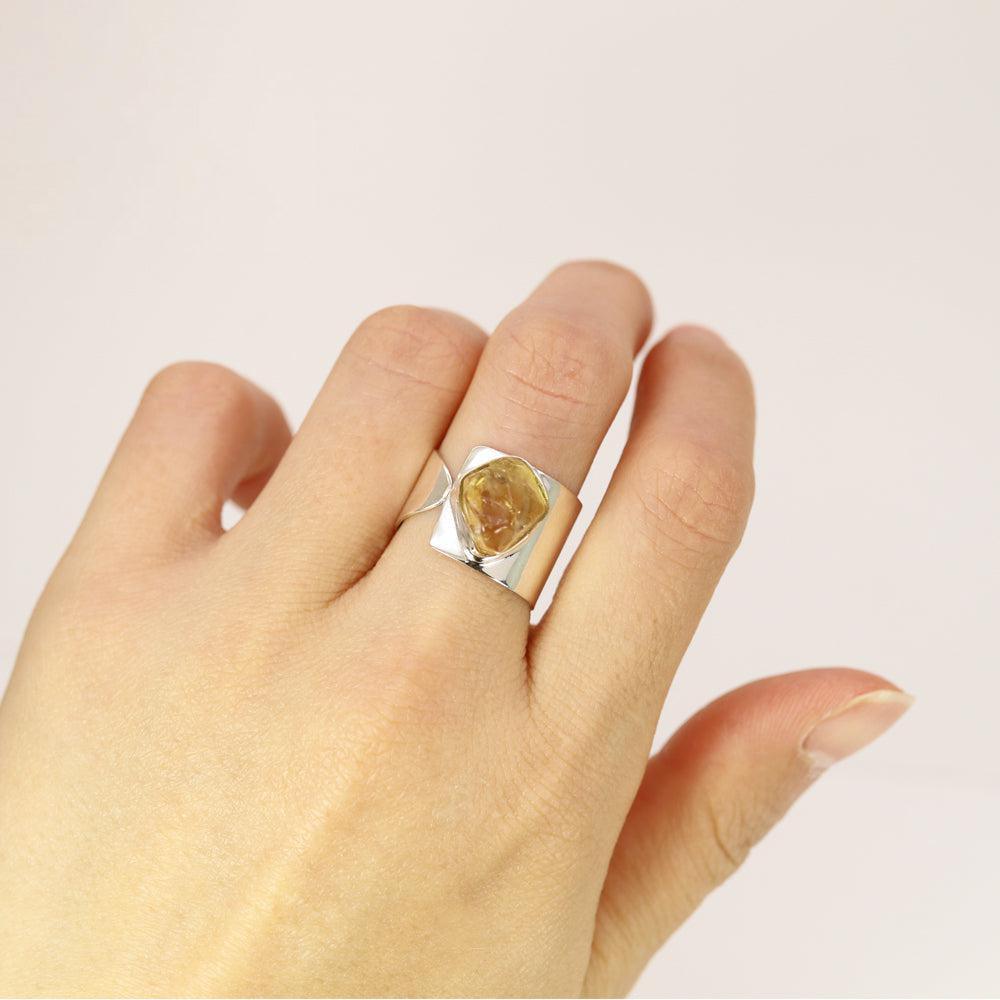 Chunky Handmade Silver Ring with Rough Cut Citrine Gemstone in Boho Style - Lucid Fantasy 