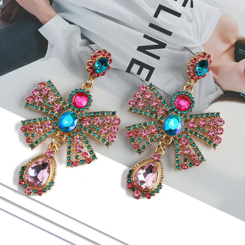 Classic Bowknot Rhinestone Double Drop Dangle Earrings - Lucid Fantasy 