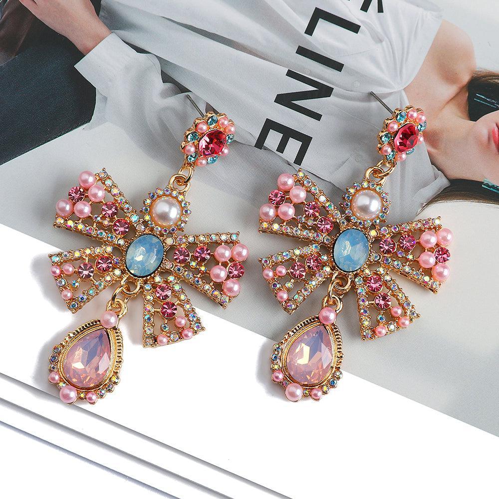 Classic Bowknot Rhinestone Double Drop Dangle Earrings - Lucid Fantasy 