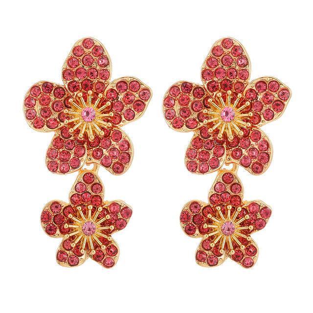 Classic Golden Floral Dangle Earrings with Crystal Gem Inlay - Lucid Fantasy 