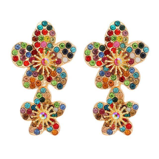 Classic Golden Floral Dangle Earrings with Crystal Gem Inlay - Lucid Fantasy 