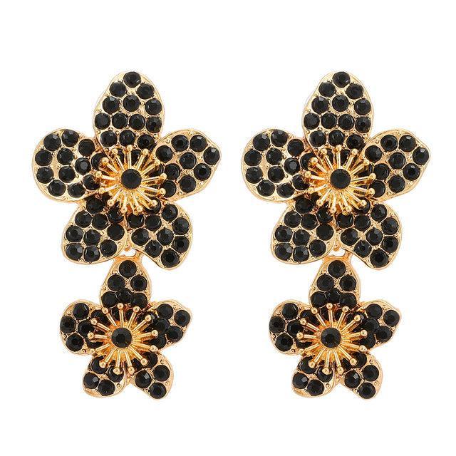 Classic Golden Floral Dangle Earrings with Crystal Gem Inlay - Lucid Fantasy 