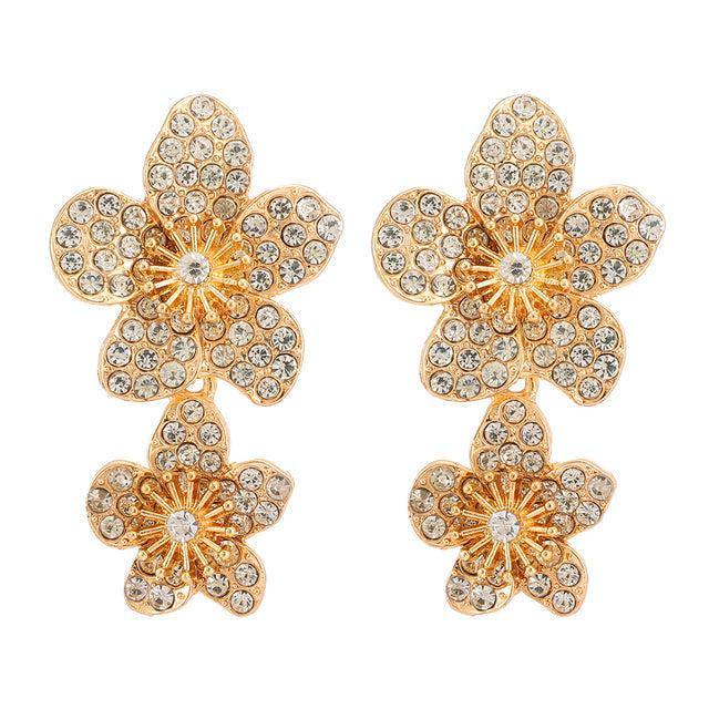 Classic Golden Floral Dangle Earrings with Crystal Gem Inlay - Lucid Fantasy 