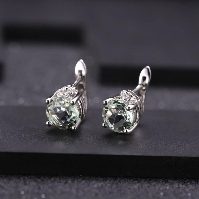 Classic Round Green Amethyst and Silver Earrings with Zirconia Accents - Lucid Fantasy 