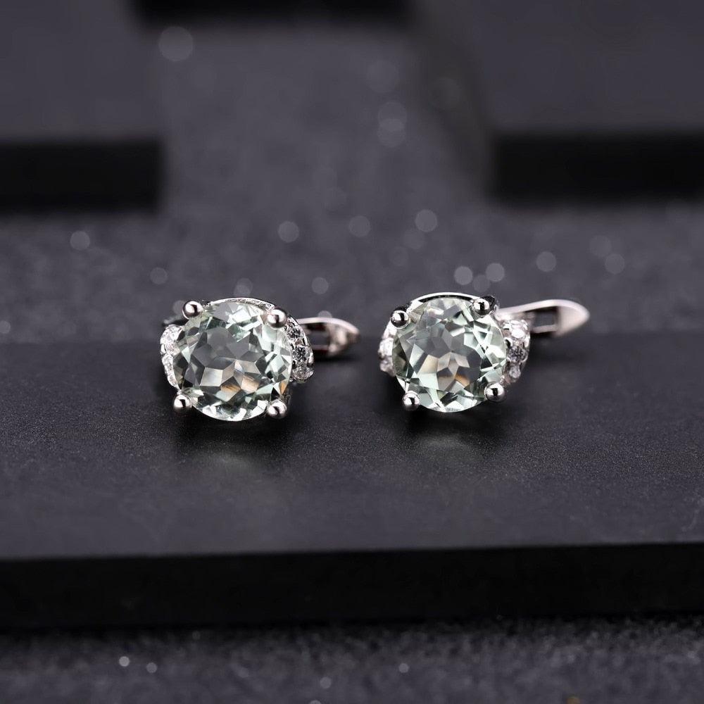 Classic Round Green Amethyst and Silver Earrings with Zirconia Accents - Lucid Fantasy 