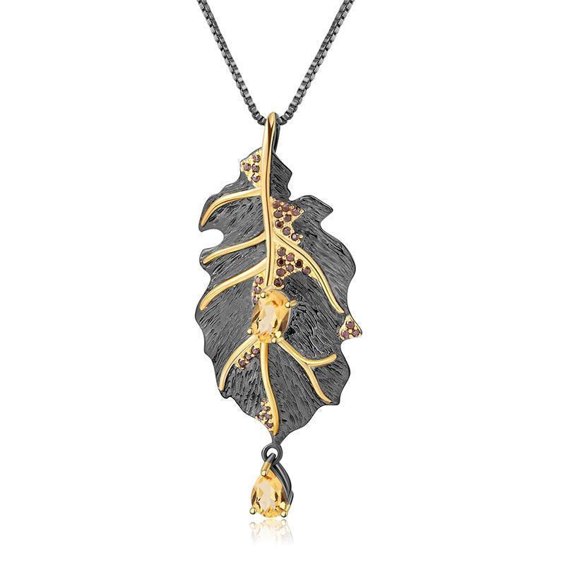 Classic Sterling Silver and Gold-Plated Citrine Leaf Pendant Necklace - Lucid Fantasy 