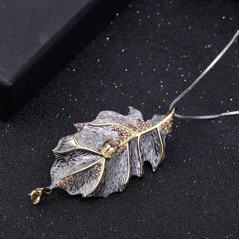 Classic Sterling Silver and Gold-Plated Citrine Leaf Pendant Necklace - Lucid Fantasy 