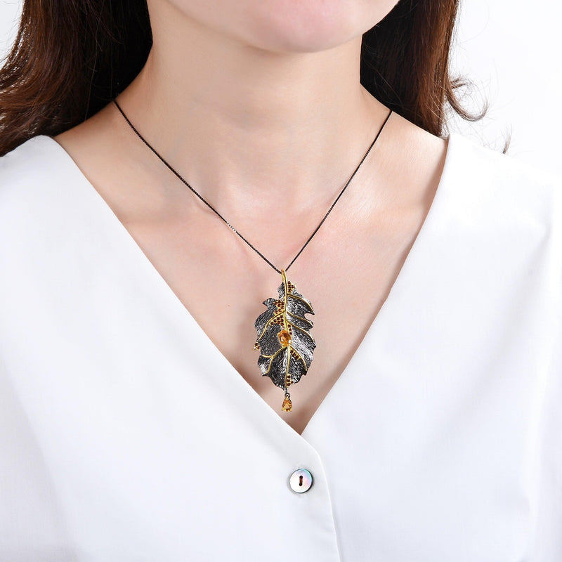 Classic Sterling Silver and Gold-Plated Citrine Leaf Pendant Necklace - Lucid Fantasy 