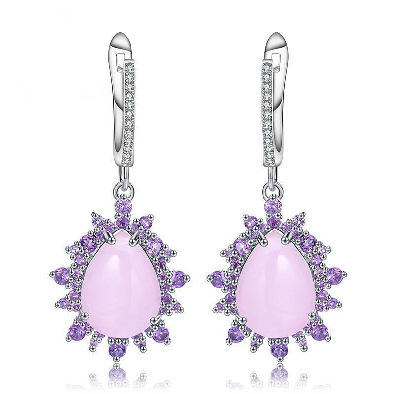 Classic Sterling Silver Earrings with Pink Calcedony and Amethyst Halo - Lucid Fantasy 