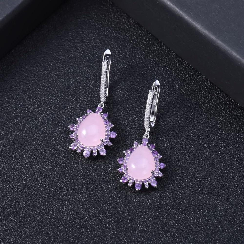 Classic Sterling Silver Earrings with Pink Calcedony and Amethyst Halo - Lucid Fantasy 