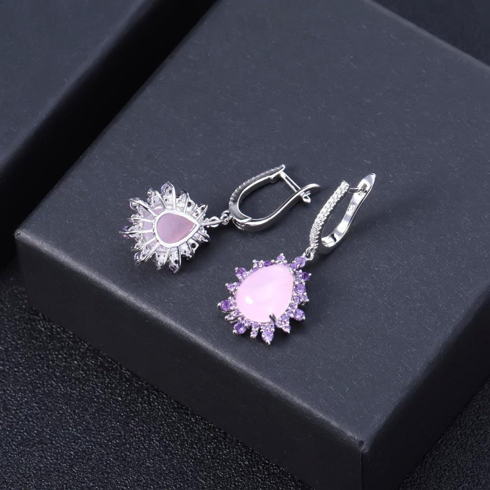 Classic Sterling Silver Earrings with Pink Calcedony and Amethyst Halo - Lucid Fantasy 