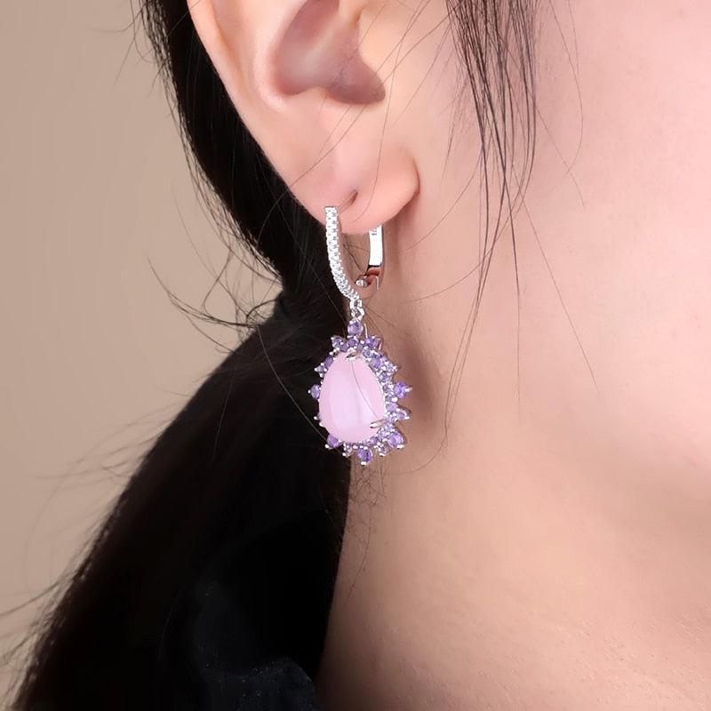 Classic Sterling Silver Earrings with Pink Calcedony and Amethyst Halo - Lucid Fantasy 