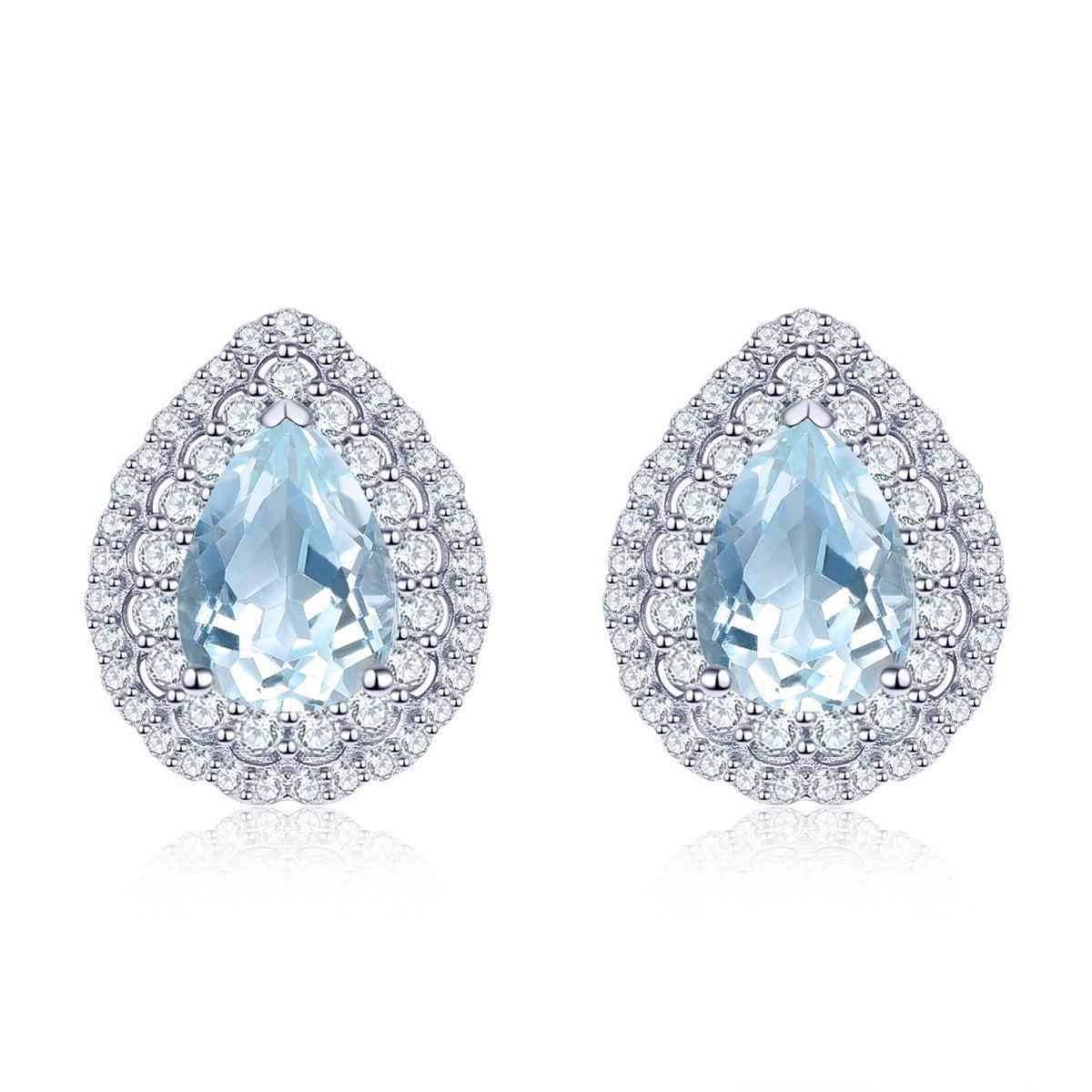 Classic Sterling Silver Halo Earrings with 1.5ct Pear Cut Sky Blue Topaz and Sparkling White CZ - Lucid Fantasy 