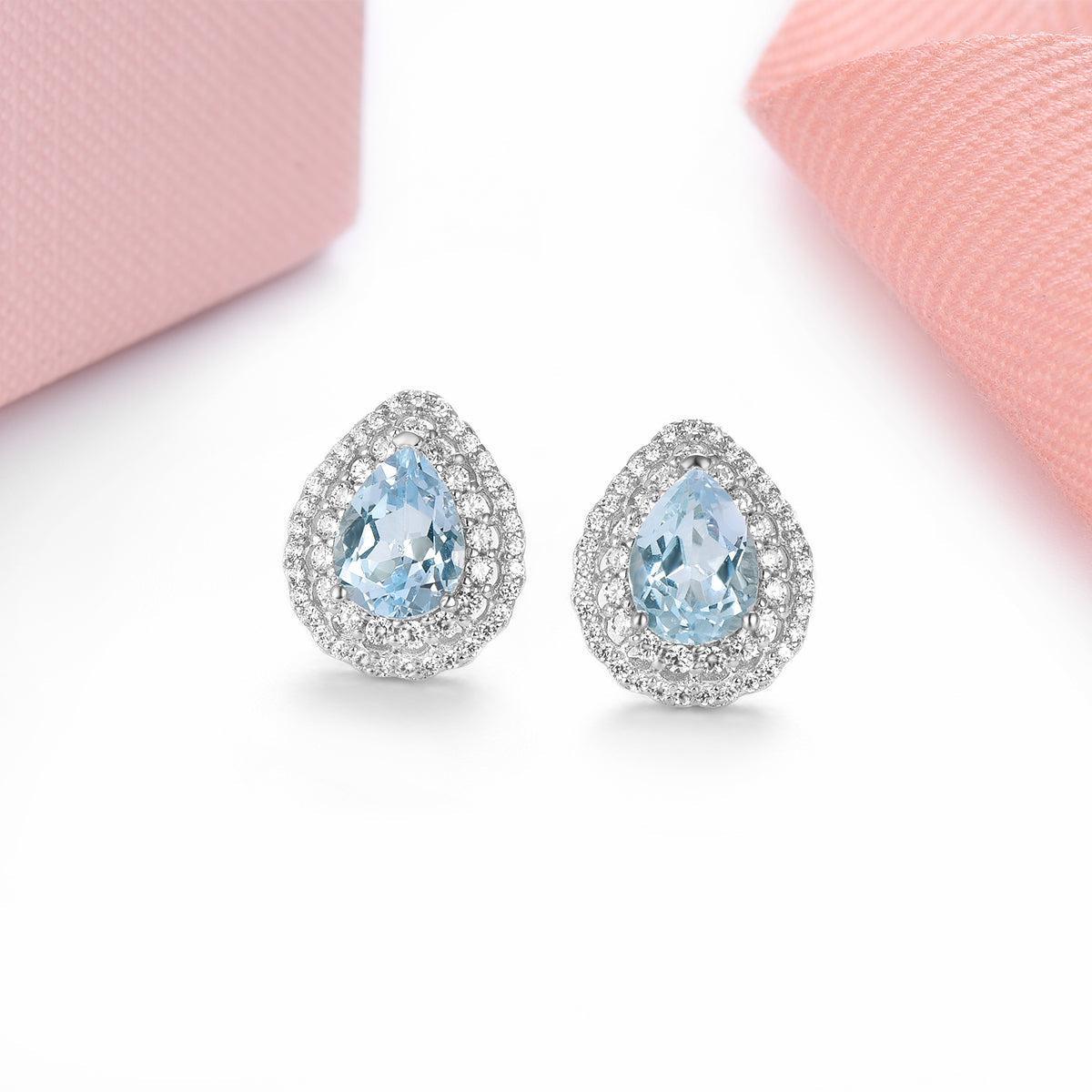 Classic Sterling Silver Halo Earrings with 1.5ct Pear Cut Sky Blue Topaz and Sparkling White CZ - Lucid Fantasy 