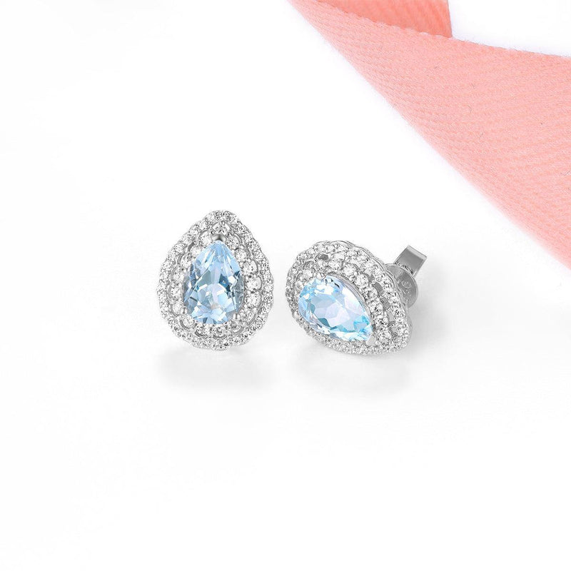 Classic Sterling Silver Halo Earrings with 1.5ct Pear Cut Sky Blue Topaz and Sparkling White CZ - Lucid Fantasy 