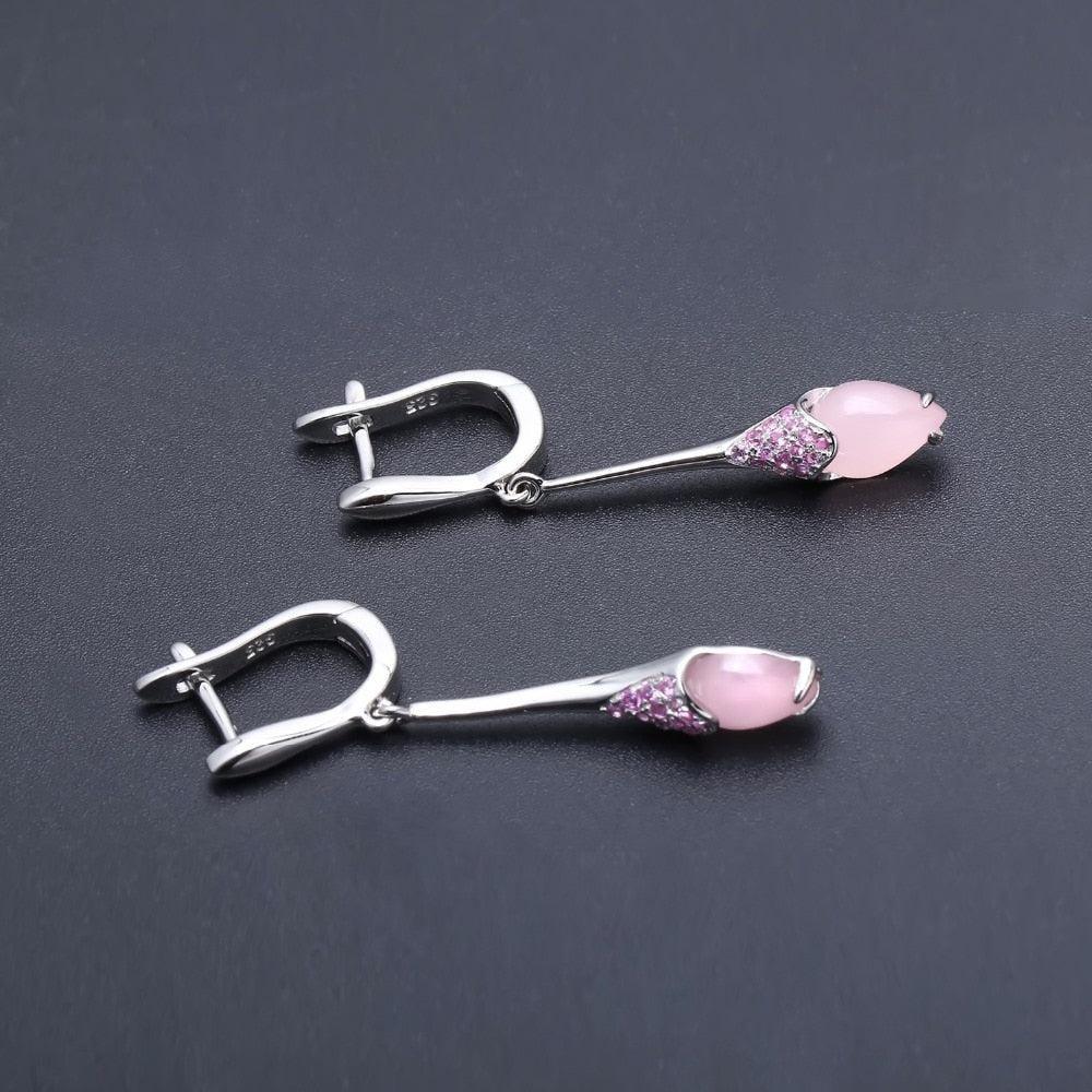 Classic Sterling Silver Pink Calcedony and Ruby Drop Earrings - Lucid Fantasy 