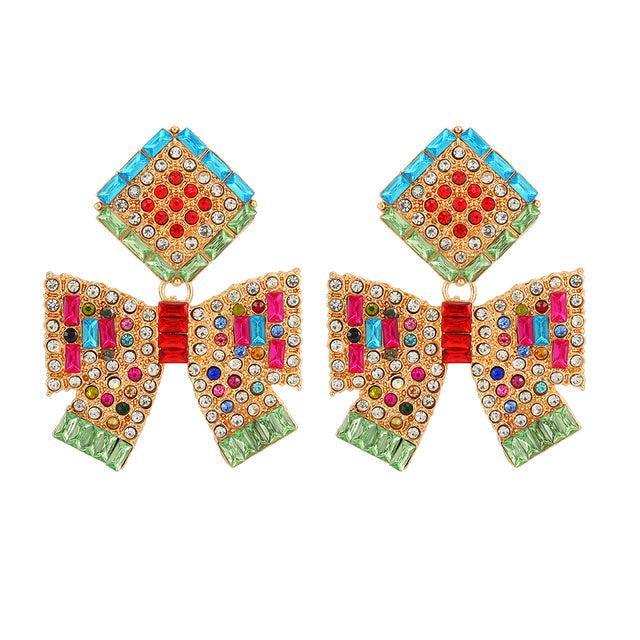 Crystal-Embellished Geometric Bowknot Dangle Earrings - Lucid Fantasy 