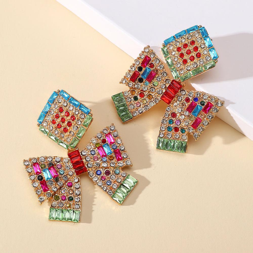 Crystal-Embellished Geometric Bowknot Dangle Earrings - Lucid Fantasy 