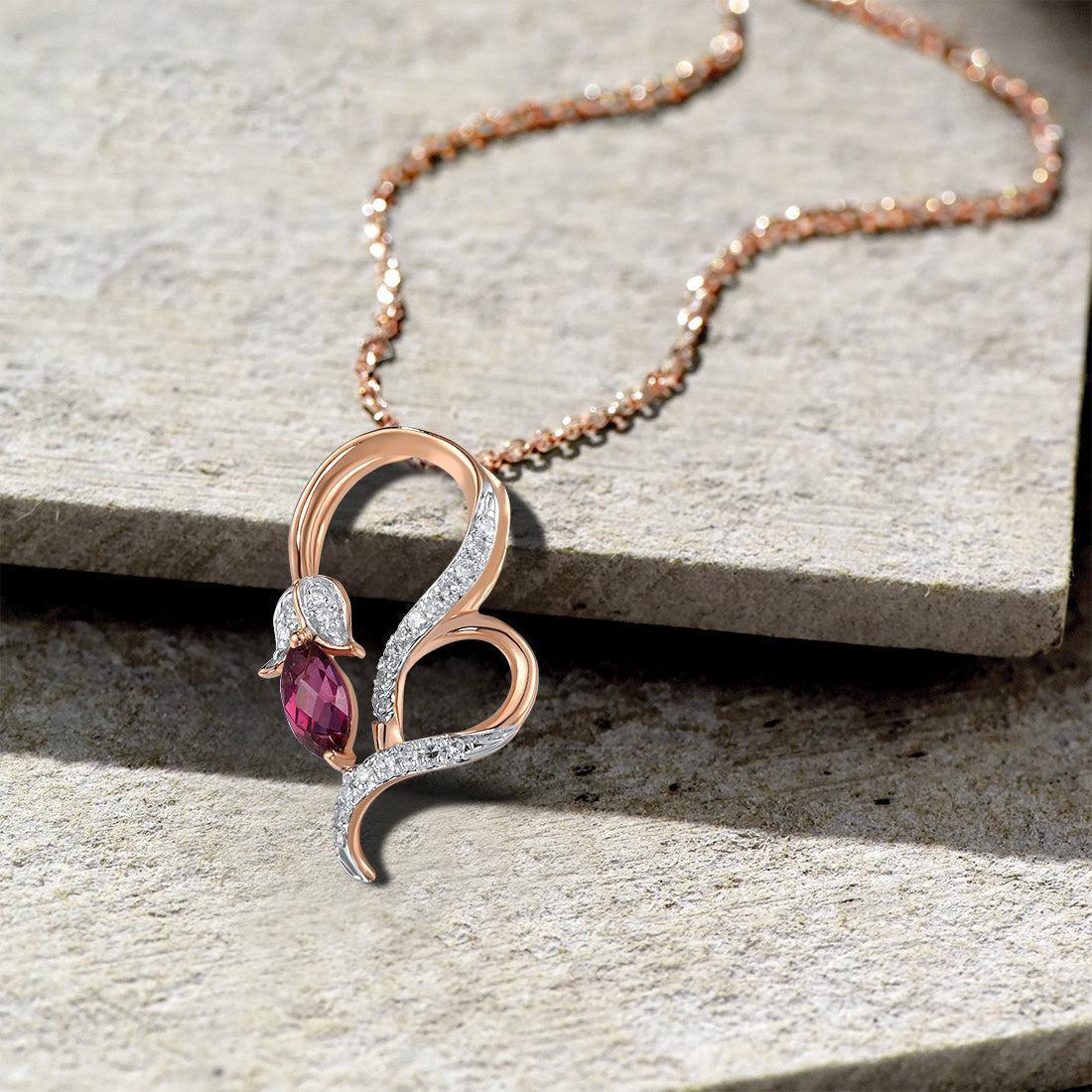 Elegant 14k Rose Gold Heart Flower Pendant Necklace with Diamond Pave and Rhodolite Garnet Centerstone - Lucid Fantasy 