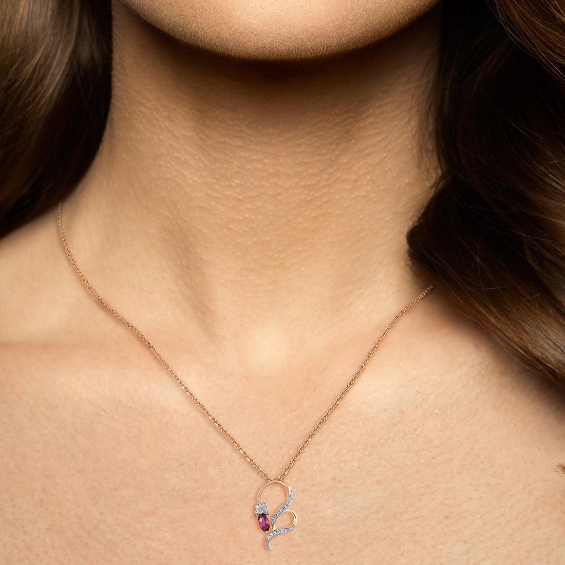 Elegant 14k Rose Gold Heart Flower Pendant Necklace with Diamond Pave and Rhodolite Garnet Centerstone - Lucid Fantasy 