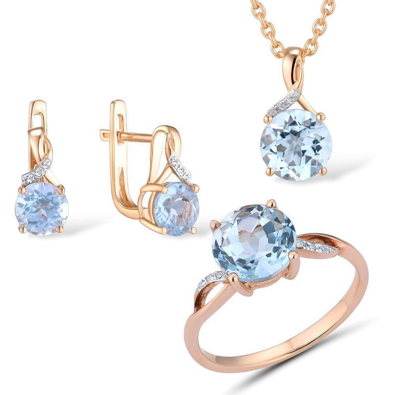 Elegant 14k Rose Gold Jewelry Set with Sky Blue Topaz and Diamond Accents - Earrings, Ring, and Pendant - Lucid Fantasy 