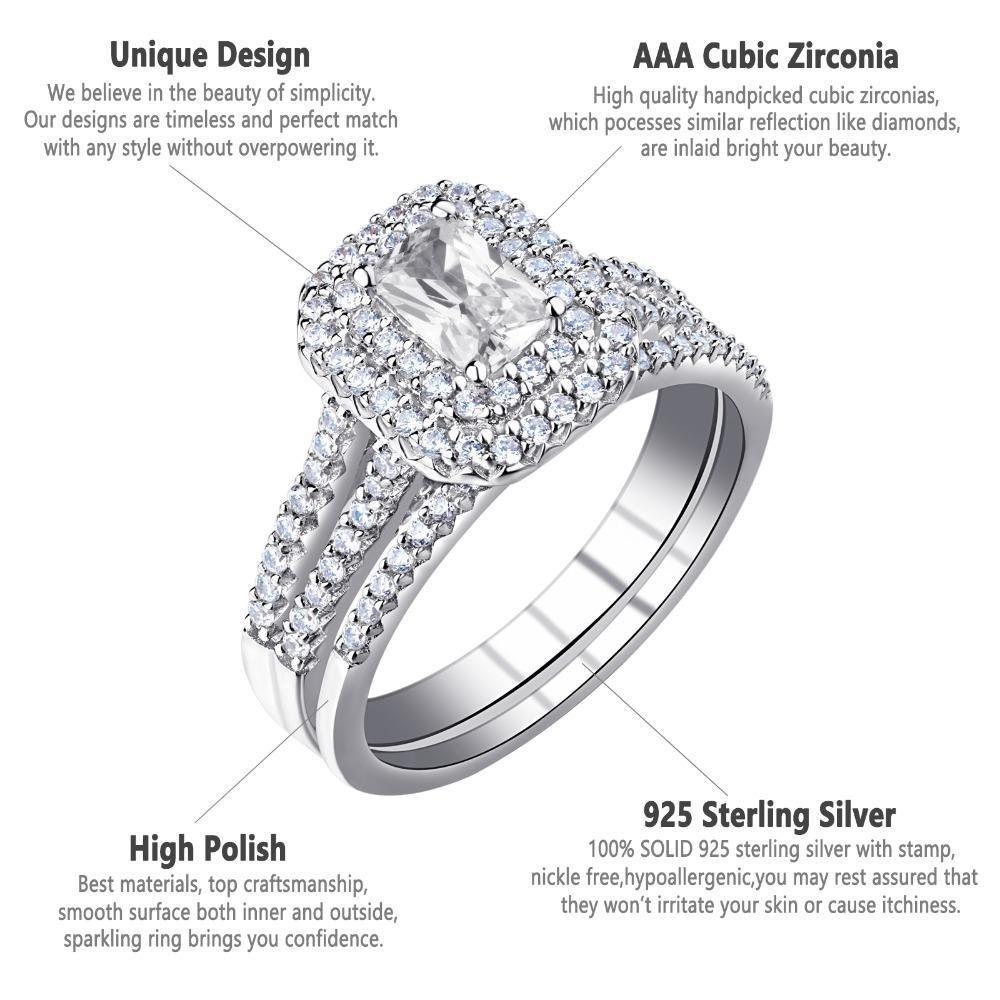 Elegant 2-Piece Sterling Silver Square Cut Ring Set with 2.0ct AAA Cubic Zirconia - Lucid Fantasy 