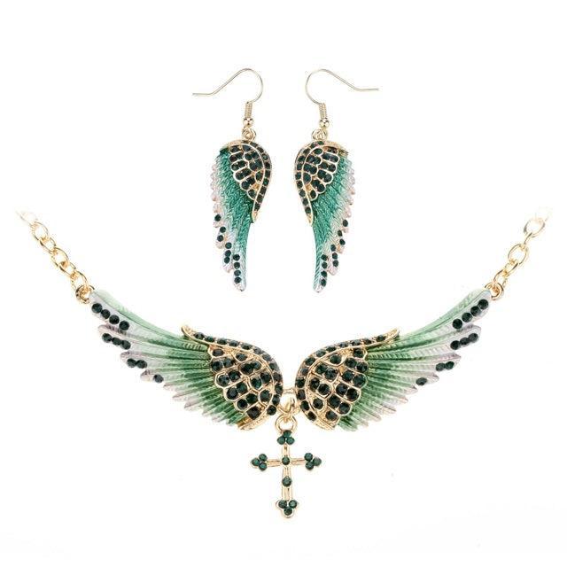 Elegant 2PCS Crystal Inlay Angel Wing Jewelry Set with Necklace and Earrings - Lucid Fantasy 