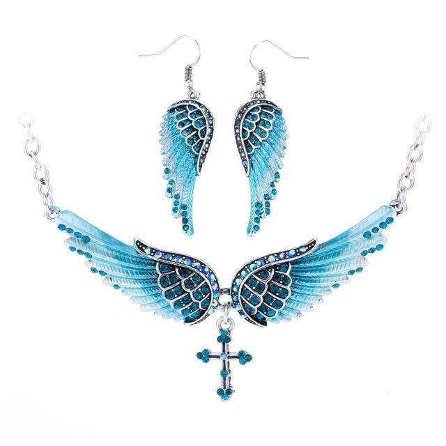 Elegant 2PCS Crystal Inlay Angel Wing Jewelry Set with Necklace and Earrings - Lucid Fantasy 