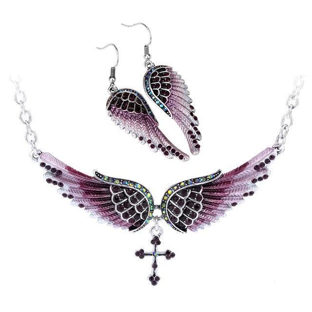 Elegant 2PCS Crystal Inlay Angel Wing Jewelry Set with Necklace and Earrings - Lucid Fantasy 