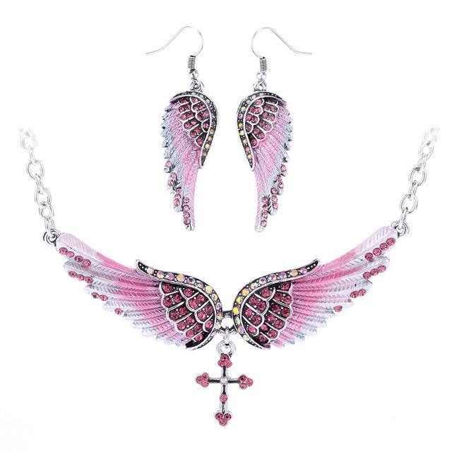 Elegant 2PCS Crystal Inlay Angel Wing Jewelry Set with Necklace and Earrings - Lucid Fantasy 