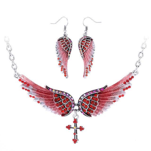 Elegant 2PCS Crystal Inlay Angel Wing Jewelry Set with Necklace and Earrings - Lucid Fantasy 