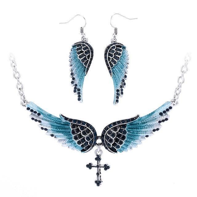 Elegant 2PCS Crystal Inlay Angel Wing Jewelry Set with Necklace and Earrings - Lucid Fantasy 