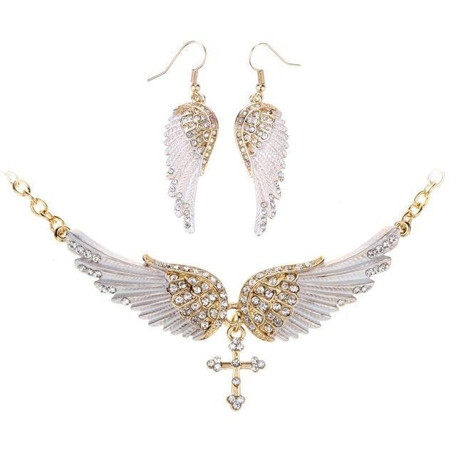 Elegant 2PCS Crystal Inlay Angel Wing Jewelry Set with Necklace and Earrings - Lucid Fantasy 