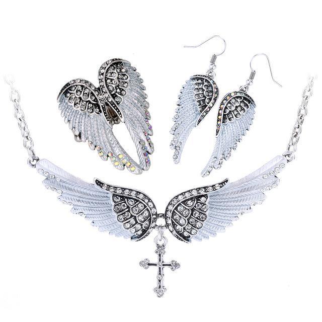 Elegant 3-Piece Angel Wing Jewelry Set with Crystal Accents - Lucid Fantasy 