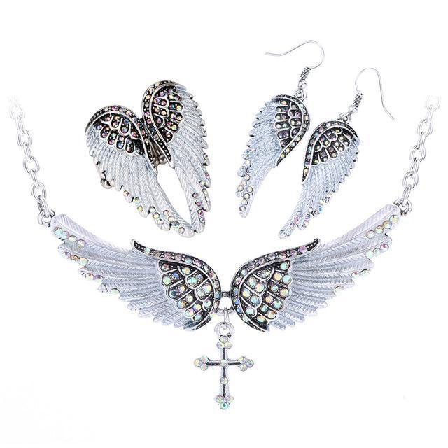 Elegant 3-Piece Angel Wing Jewelry Set with Crystal Accents - Lucid Fantasy 