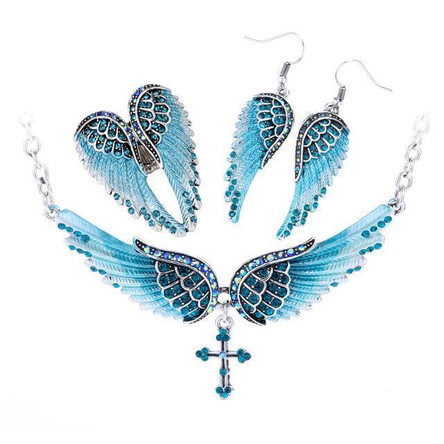 Elegant 3-Piece Angel Wing Jewelry Set with Crystal Accents - Lucid Fantasy 