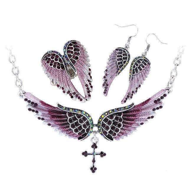 Elegant 3-Piece Angel Wing Jewelry Set with Crystal Accents - Lucid Fantasy 