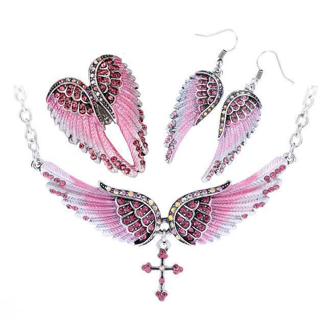 Elegant 3-Piece Angel Wing Jewelry Set with Crystal Accents - Lucid Fantasy 